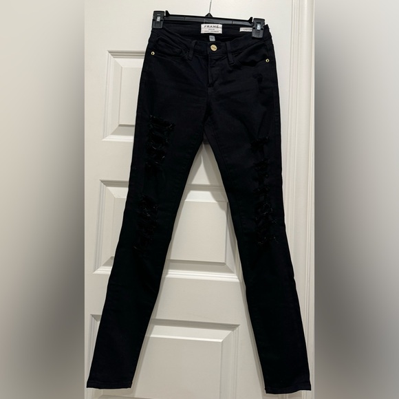 FRAME DENIM Le Skinny De Jeanne Black Ripped Destroyed Jeans Size 23 - Picture 7 of 8